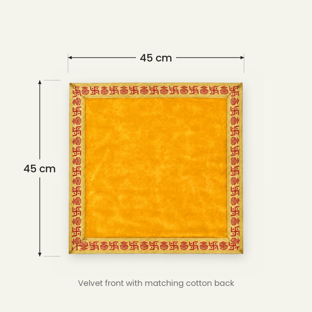 Yellow velvet pooja aasan size guide showing 45 cm by 45 cm - Divine Sansar