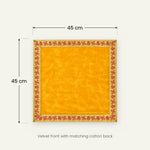 Yellow velvet pooja aasan size guide showing 45 cm by 45 cm - Divine Sansar