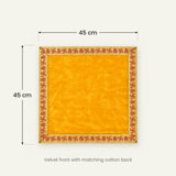 Yellow velvet pooja aasan size guide showing 45 cm by 45 cm - Divine Sansar