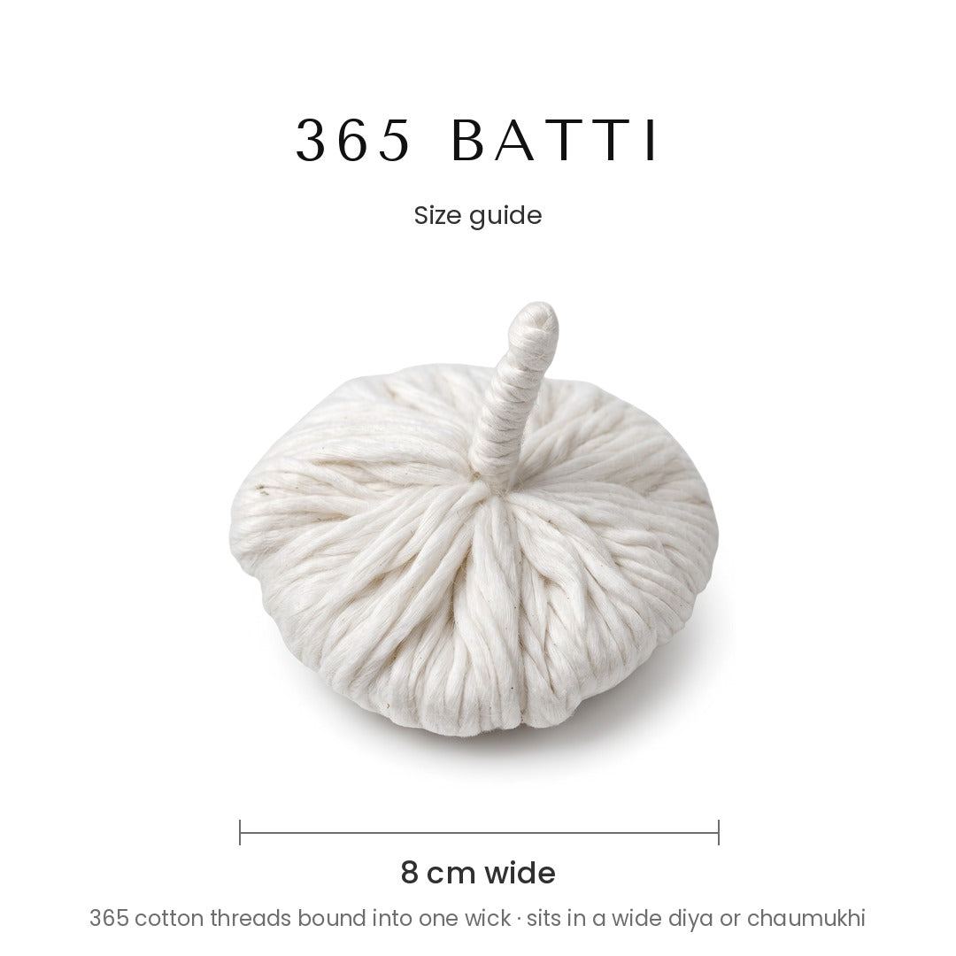 365 batti size guide, 8 cm wide cotton wick - Divine Sansar