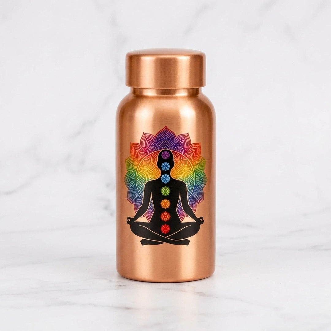 7 Chakra pure copper water bottle 400ml travel size on white marble, Divine Sansar