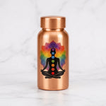 7 Chakra pure copper water bottle 400ml travel size on white marble, Divine Sansar