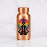 7 Chakra pure copper water bottle 400ml travel size on white marble, Divine Sansar