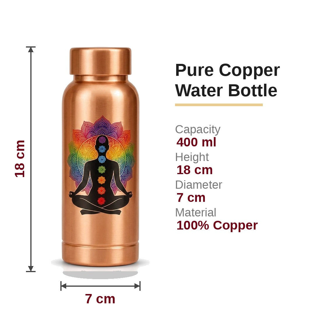 7 Chakra copper water bottle 400ml dimensions 7cm x 18cm, Divine Sansar