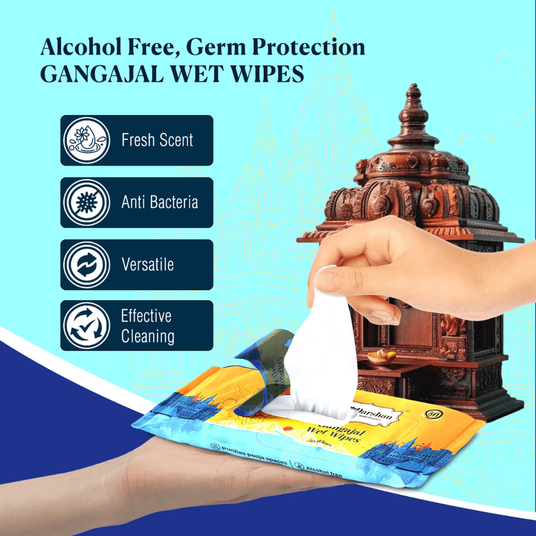 Divine Sansar Gangajal Wet Wipes  packaging with a hand holding a wipe, temple in the background, and product features listed.