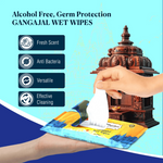 Divine Sansar Gangajal Wet Wipes  packaging with a hand holding a wipe, temple in the background, and product features listed.