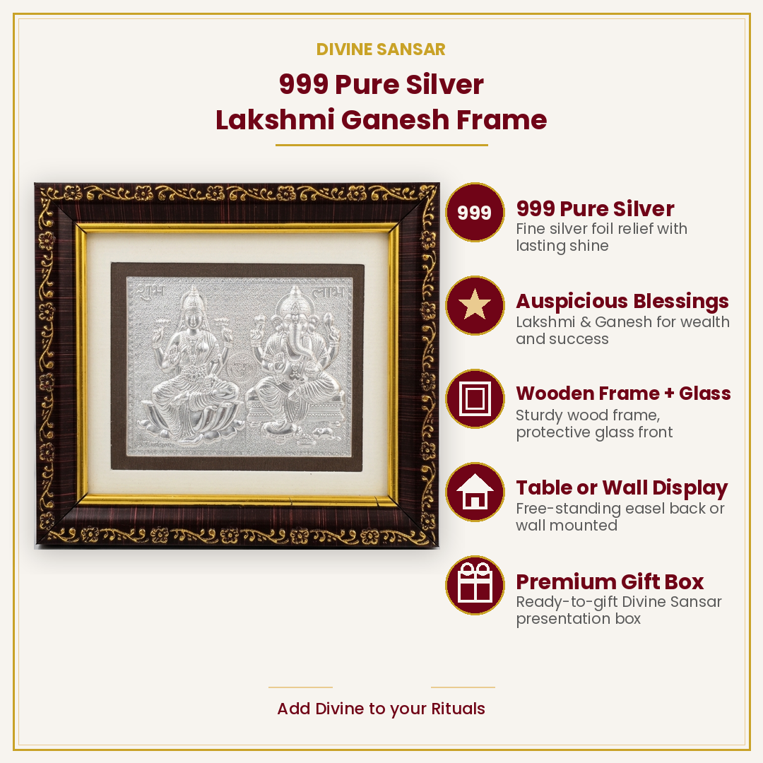 999 silver Lakshmi Ganesh frame features - Divine Sansar