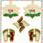 Divine Sansar-Acrylic Diwali Decoration Sticker Set – Shubh Labh, Swastik & Lotus Feet on a white background