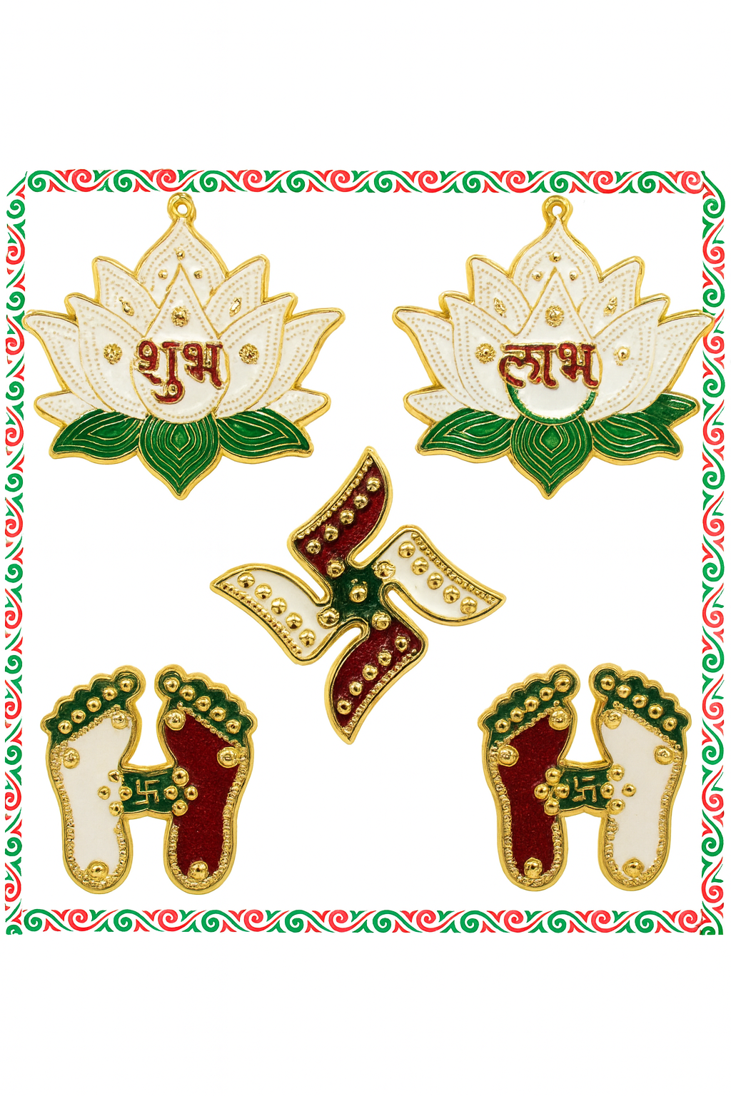 Divine Sansar-Acrylic Diwali Decoration Sticker Set – Shubh Labh, Swastik & Lotus Feet on a white background