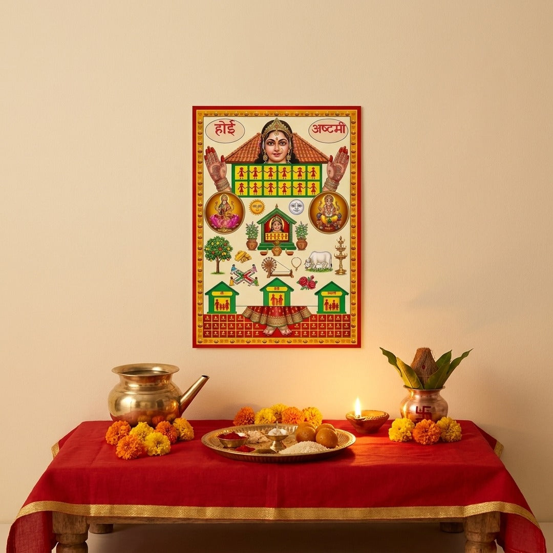 Ahoi Mata A4 poster on the wall above an Ahoi Ashtami pooja chowki with karwa, thali, kalash and diya - Divine Sansar UAE