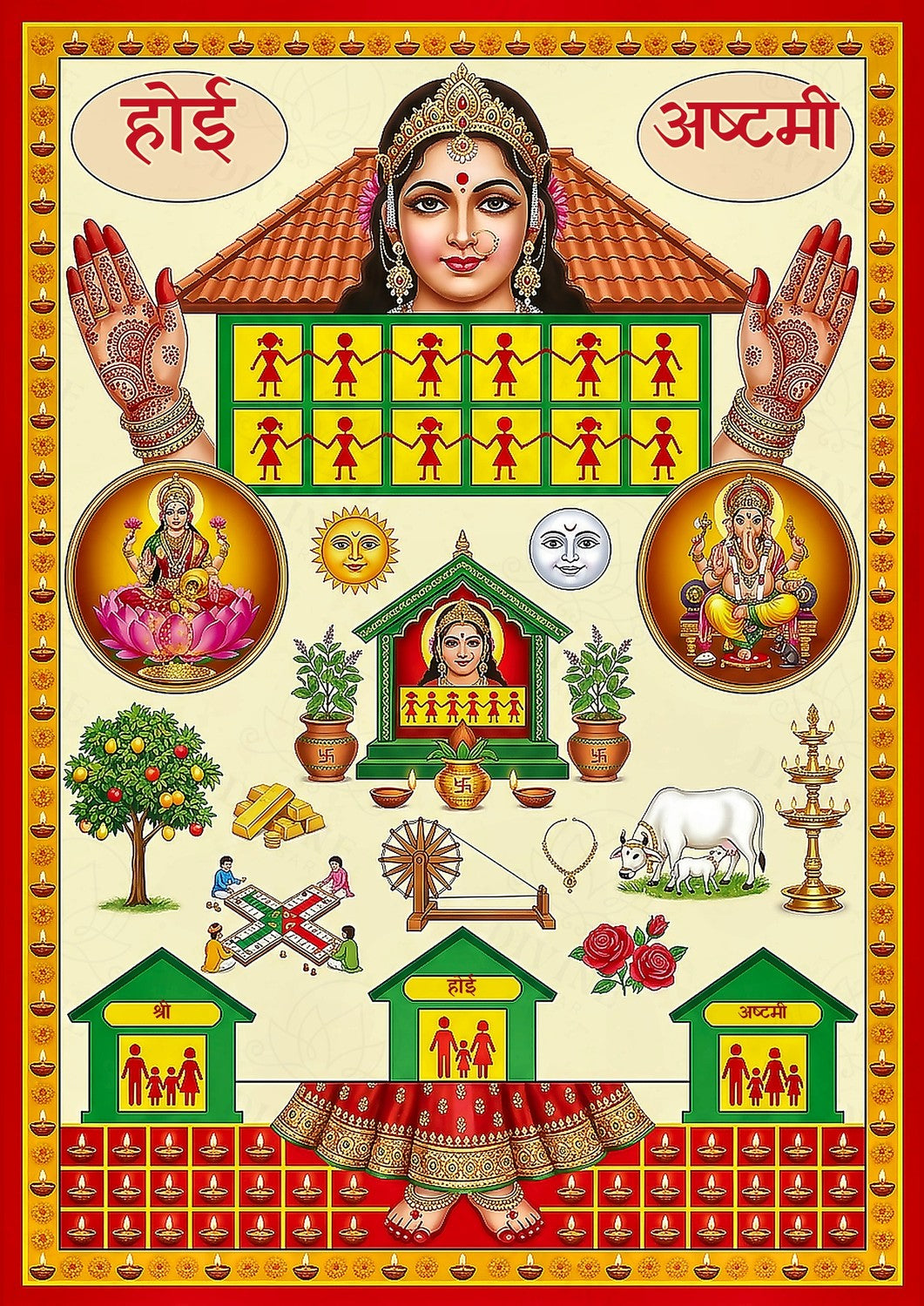 Divine Sansar - traditional Ahoi Ashtami (Hoi Mata) A4 poster with Ahoi Mata, Lakshmi, Ganesh, children, kalash and diyas for the vrat pooja in the UAE