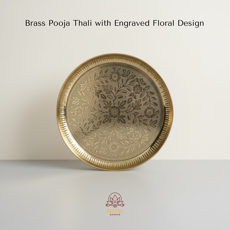Divine Sansar-Brass Pooja Thali-with-Engraved-Floral-Design