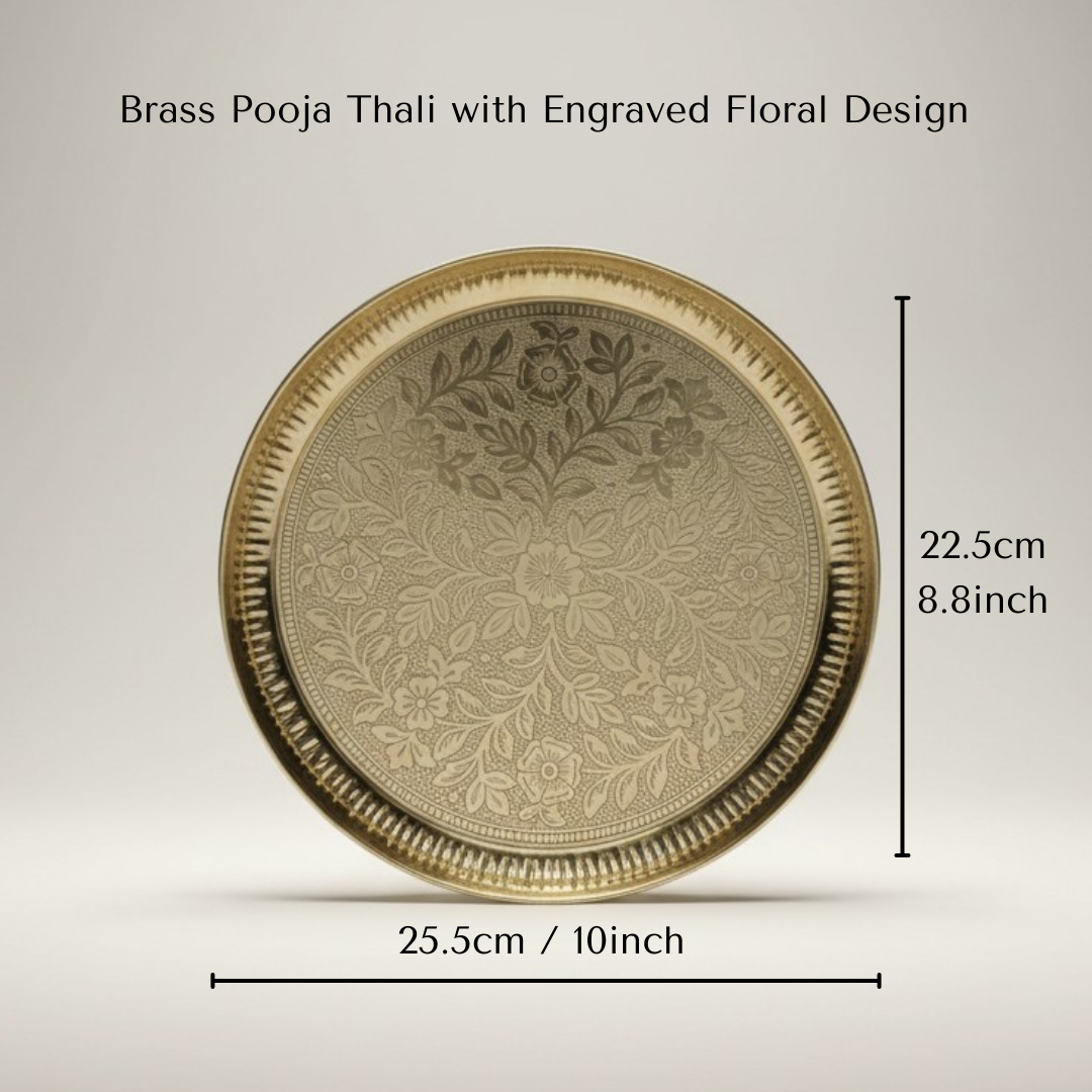 Divine Sansar-Brass Pooja Thali-with Engraved Floral Design-8.8inch x 10inch