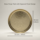 Divine Sansar-Brass Pooja Thali-with Engraved Floral Design-8.8inch x 10inch