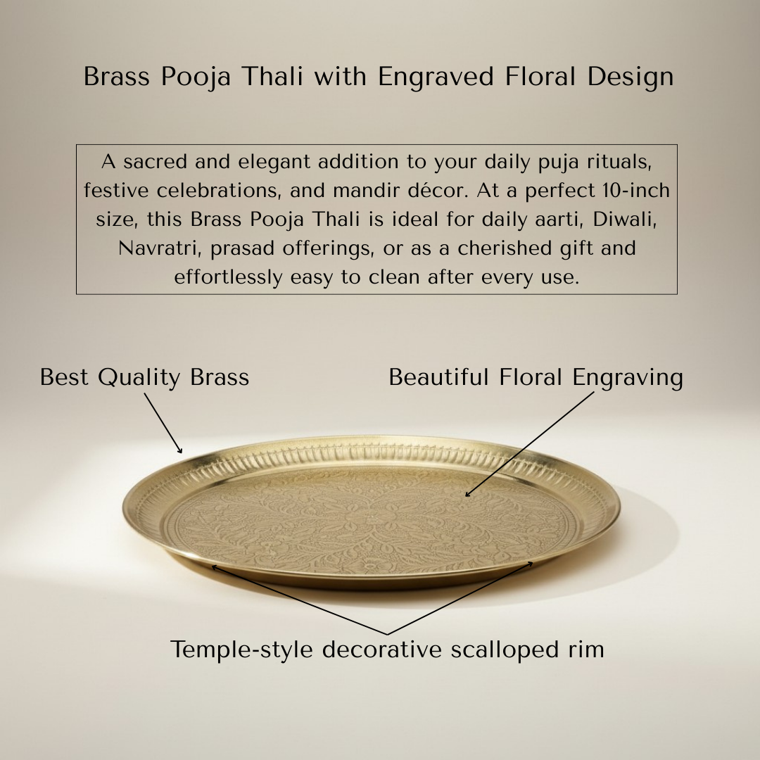 Divine Sansar-Brass Pooja Thali with Engraved Floral Design-with details