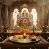 Brass Pooja Thali with Engraved Floral Design- brass pooja thali with all pooja samagri-in front of Ganesh Idol