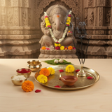 Divine sansar-Brass Pooja Thali with Engraved Floral Design-brass pooja thali with pooja samagris- with a ganesha idol