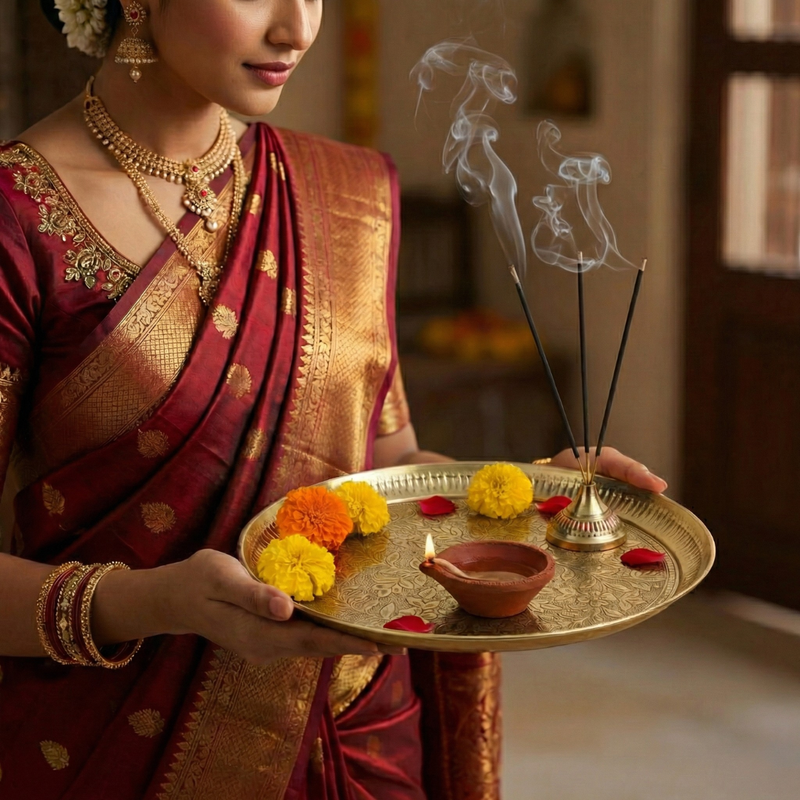 Divine Sansar-Brass Pooja Thali with Engraved Floral Design- a woman holding a brass floral pooja thali with a lit diya