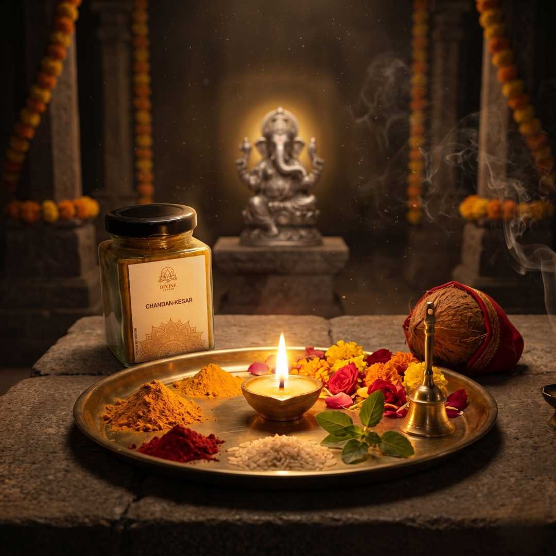 Divine Sansar-Chandan Kesar powder beside Pooja thali with offerings and a statue of Ganesha in the background
