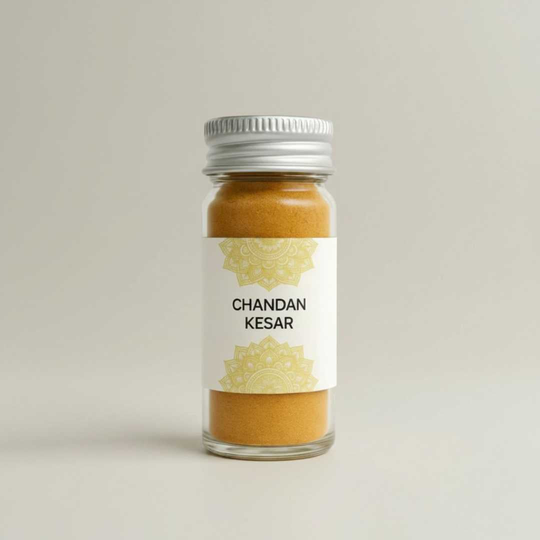 Divine Sansar Jar of Chandan Kesar powder with a decorative label on a light gray background