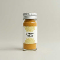 Divine Sansar Jar of Chandan Kesar powder with a decorative label on a light gray background