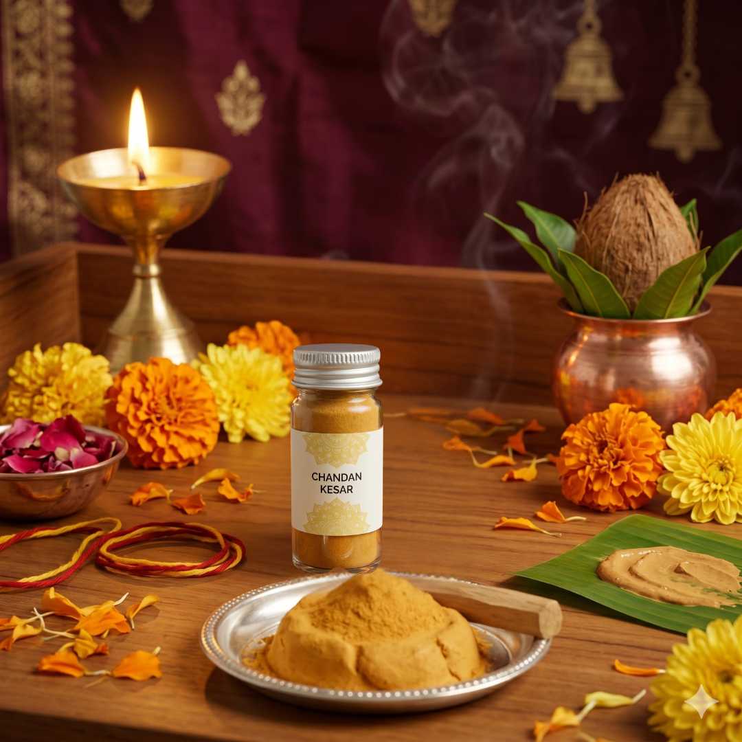 Divine Sansar-Bottle of Chandan Kesar powder on a wooden table with flowers and candles.