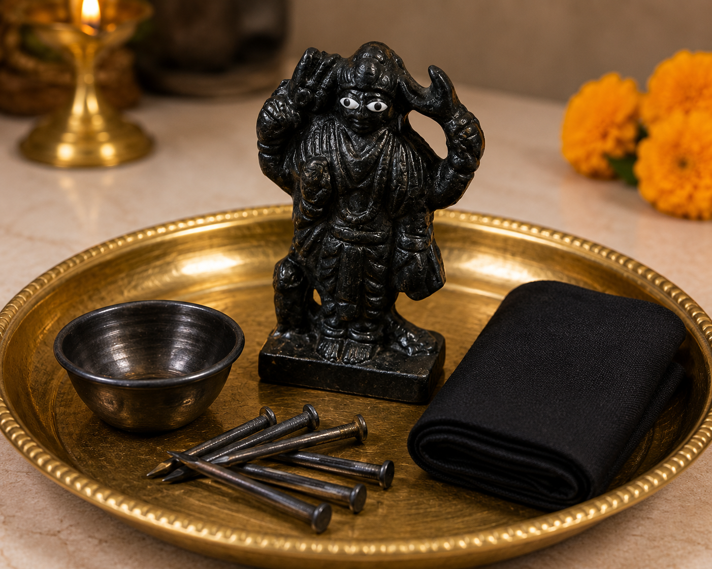 Divine Sansar Shani Pooja Set with iron nail, iron katori bowl and black cloth - UAE