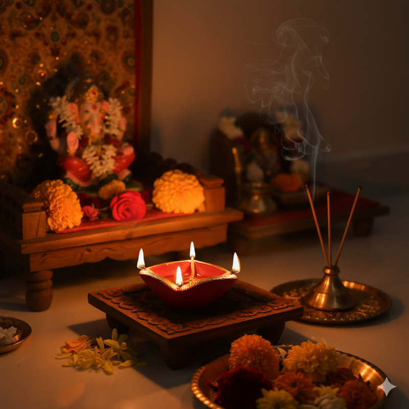 Divine Sansar Handcrafted Red & Gold Chaumuki Diya burns brightly on a wooden stand in front of a Hindu home altar dedicated to Lord Ganesha.