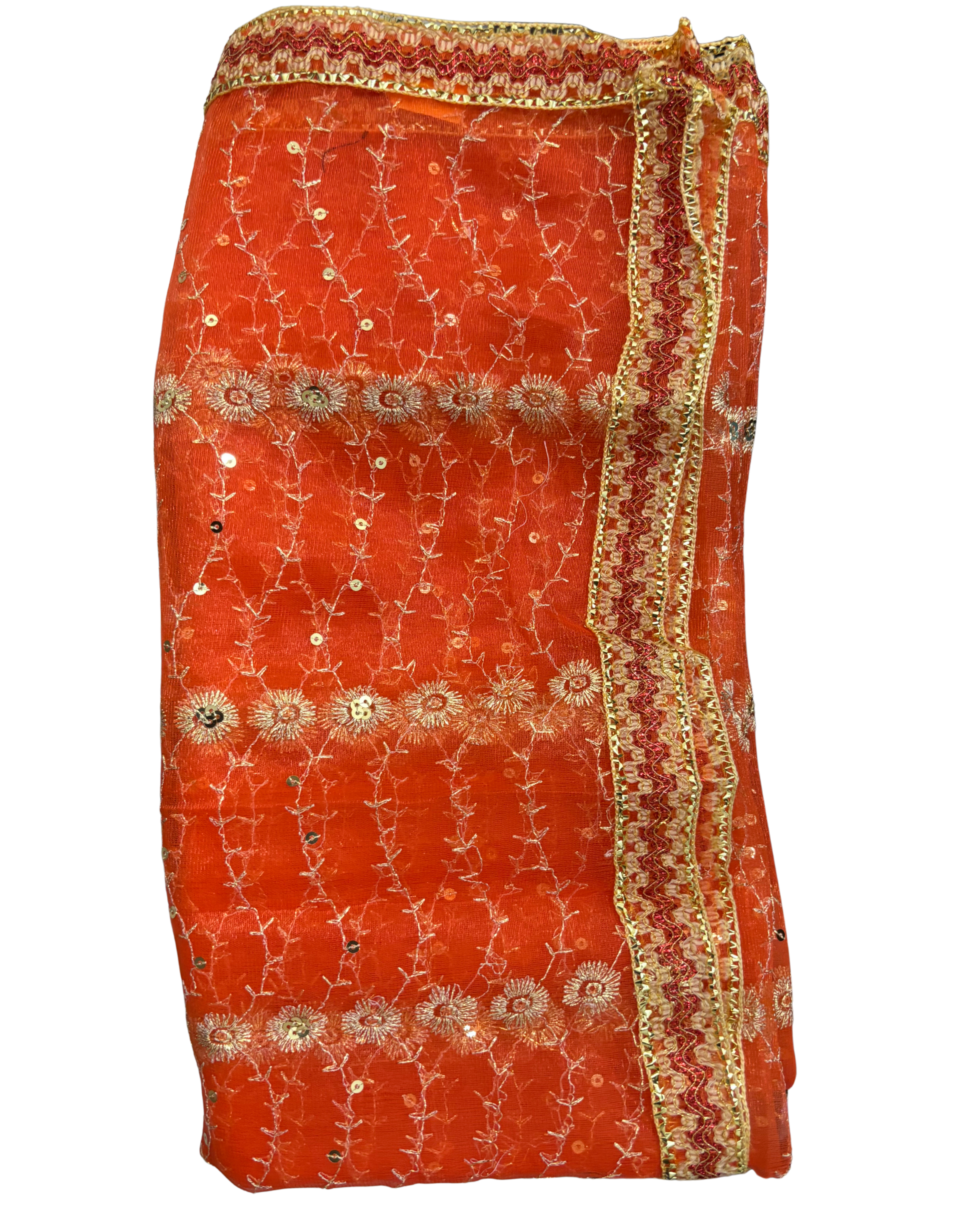 Divine Sansar Chunri Collection-Orange traditional veil with gold embroidery on a white background