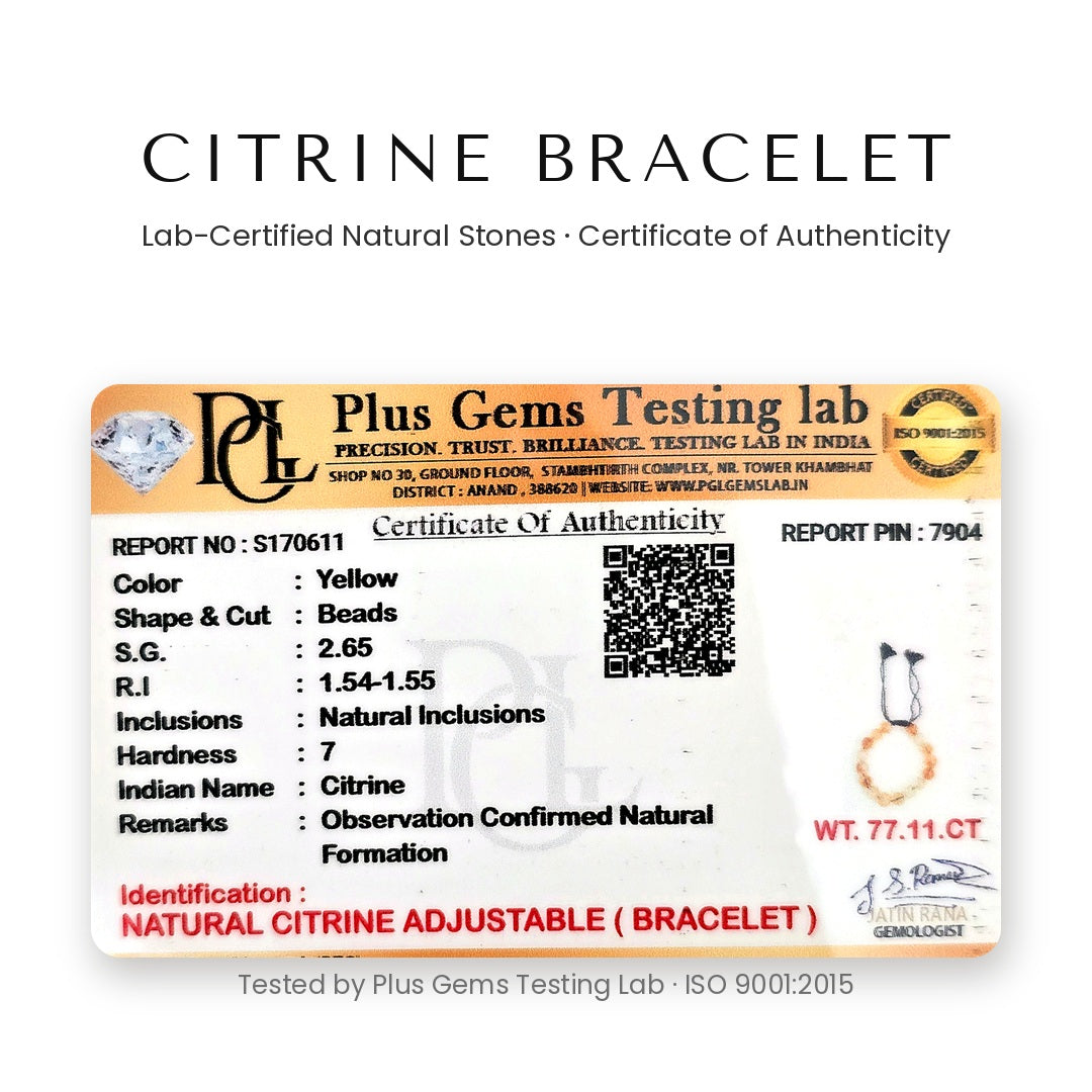 Plus Gems Testing Lab certificate of authenticity for natural citrine adjustable bracelet - Divine Sansar UAE