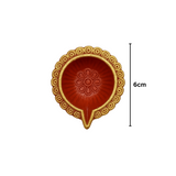 Divine Sansar Clay Diya decorated with 6 cm measurements, on a white background