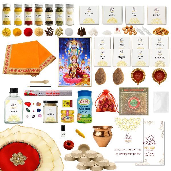 Divine Sansar Grah Pravesh Pooja Box-Assorted items including food products, religious symbols, and decorative objects on a white background