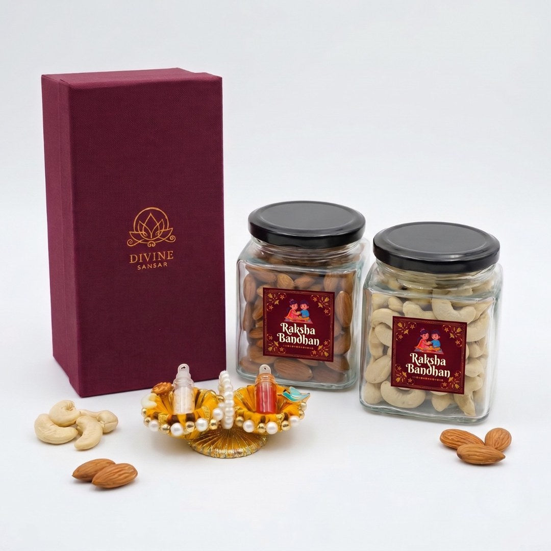 Dry fruit gift add-on for rakhi with almond and cashew jars, Divine Sansar