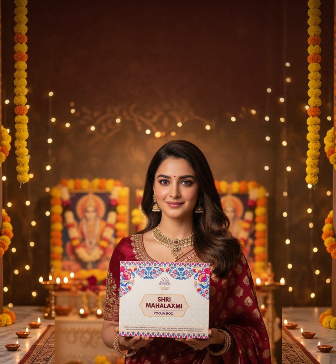 Woman in a maroon silk saree holding the Shri Mahalaxmi Pooja Box before a Diwali home mandir with marigolds and diyas - Divine Sansar UAE