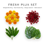 Fresh Puja Set contents - marigold mix, small red roses, mango leaves and betel leaves - Divine Sansar
