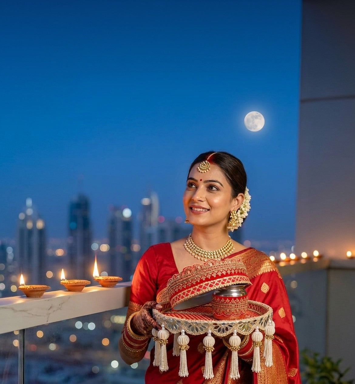 Woman in a red silk saree holding the Royal Radiance Karwa Chauth thali with chhalni and lota on a Dubai balcony at moonrise - Divine Sansar Maharani Thali Collection