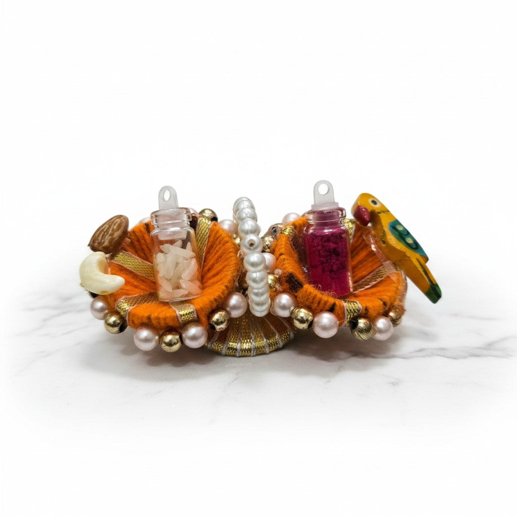 Marigold orange roli chawal kumkum tilak set for Raksha Bandhan, Divine Sansar