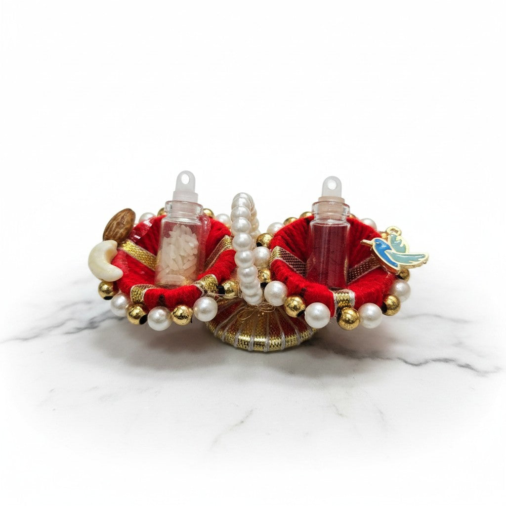 Red roli chawal kumkum tilak set for Raksha Bandhan, Divine Sansar