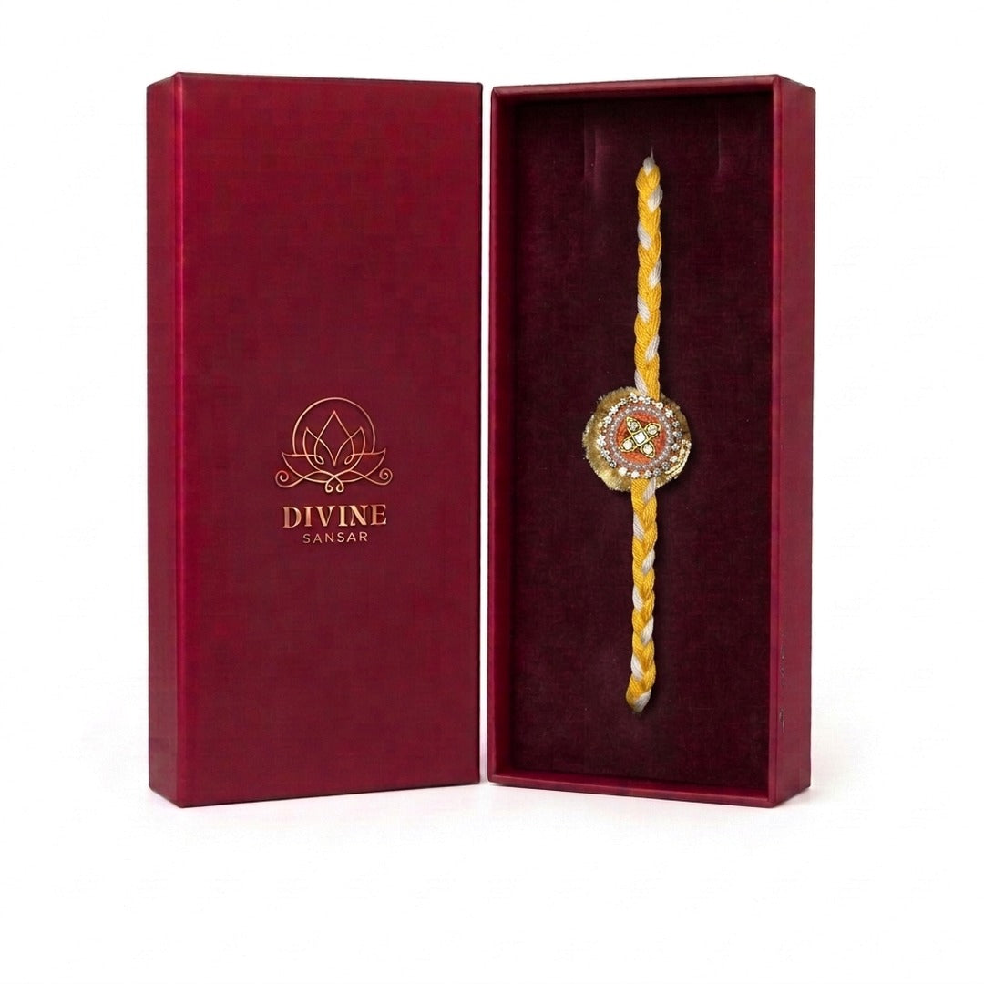 Pearl Kundan Rakhi in Divine Sansar maroon gift box - Divine Sansar UAE