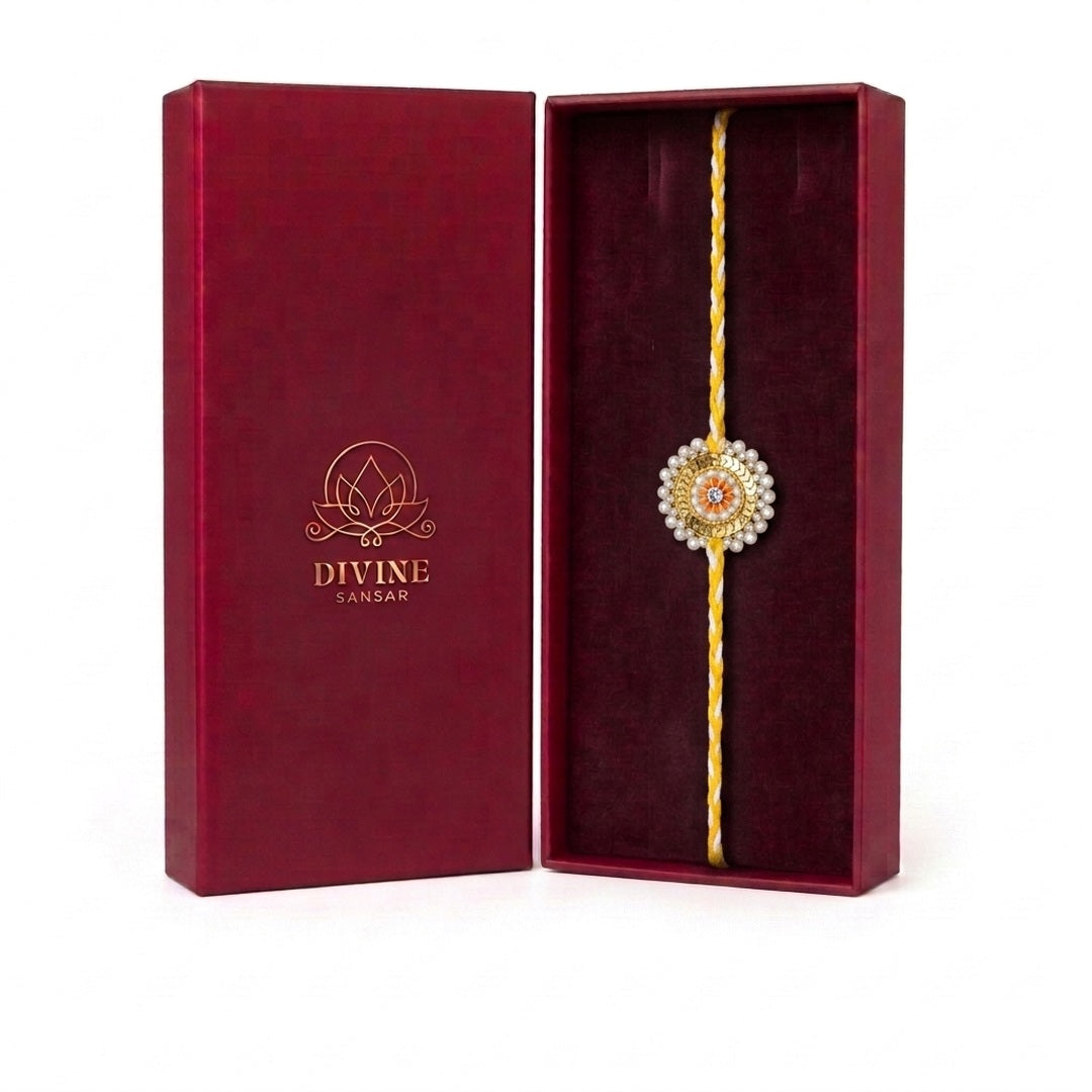 Pearl sequin moti rakhi in Divine Sansar maroon gift box - Divine Sansar UAE