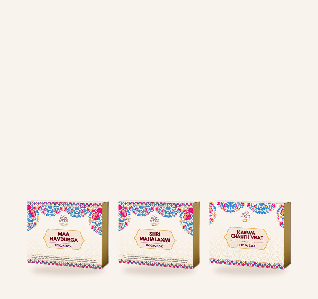 Divine Sansar pooja boxes UAE - Maa Navdurga, Shri Mahalaxmi and Karwa Chauth Vrat pooja boxes side by side on a cream background