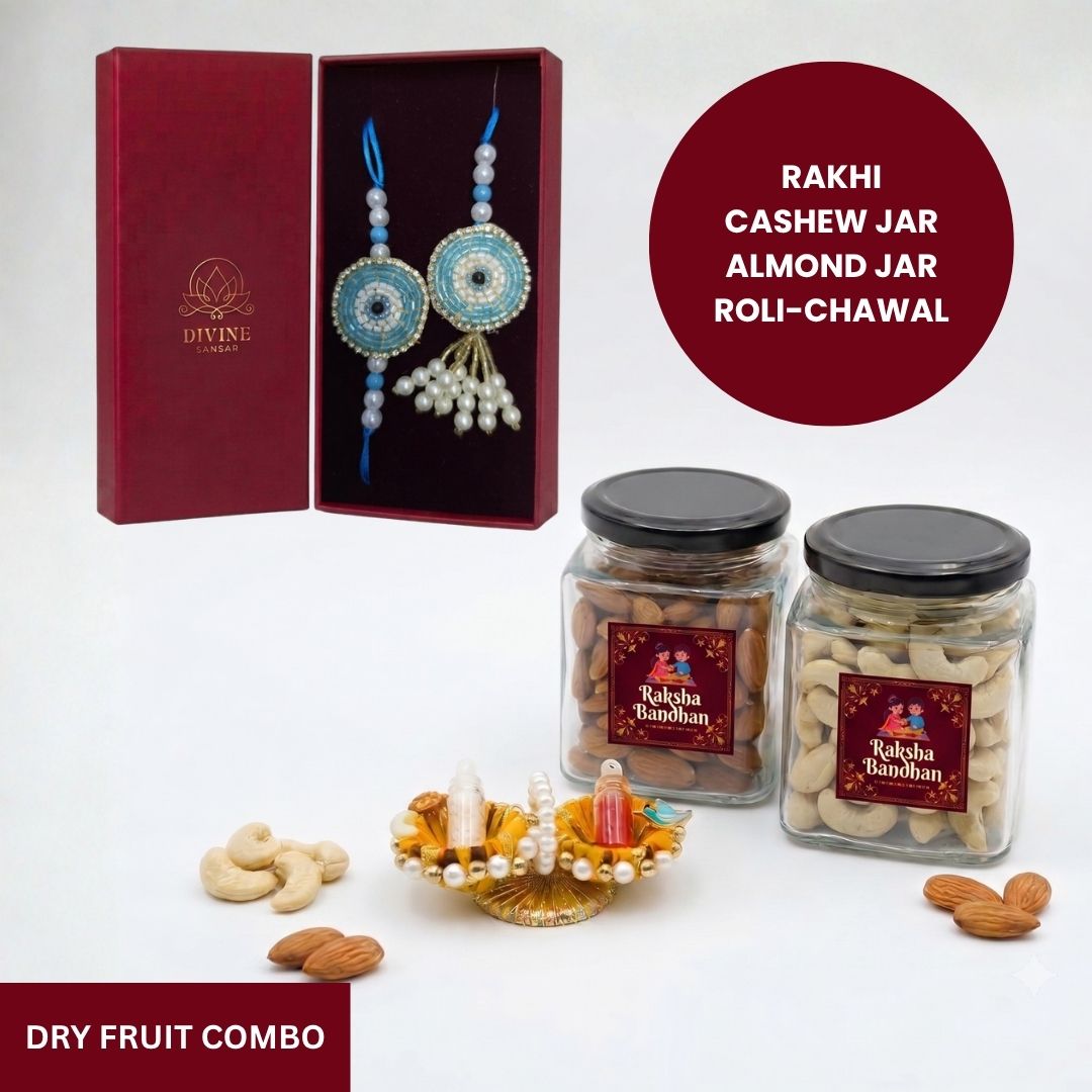 Drishti Jodi Firoza rakhi dry fruit combo gift box - Divine Sansar UAE