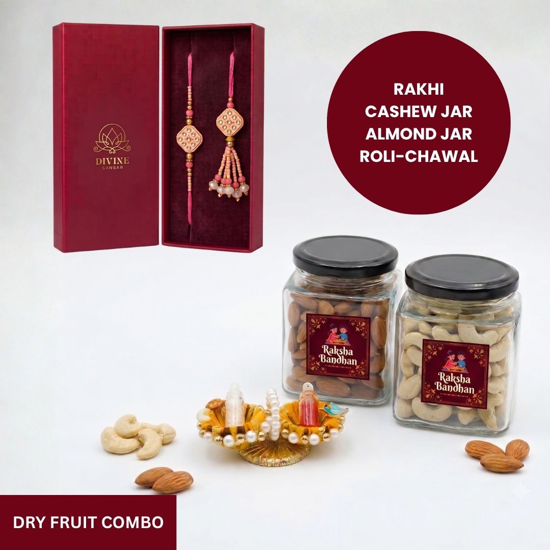 Gulabi Kundan Jodi rakhi dry fruit combo gift box - Divine Sansar UAE