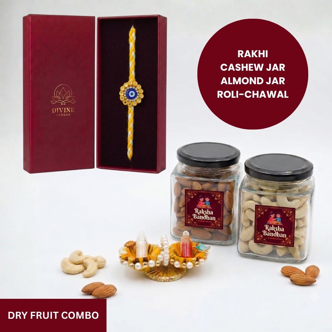 Mirror Nazar rakhi dry fruit combo gift box - Divine Sansar UAE