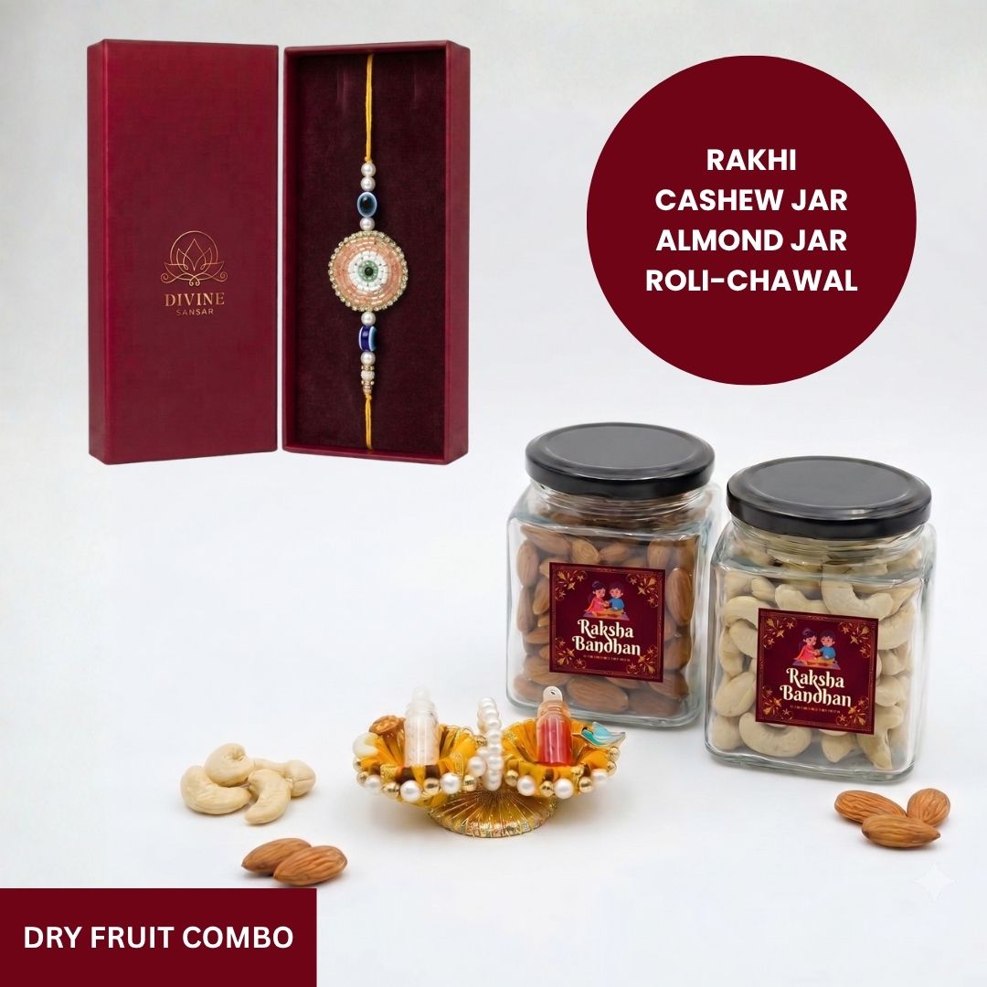 Peach Blossom EvilEye rakhi dry fruit combo gift box - Divine Sansar UAE