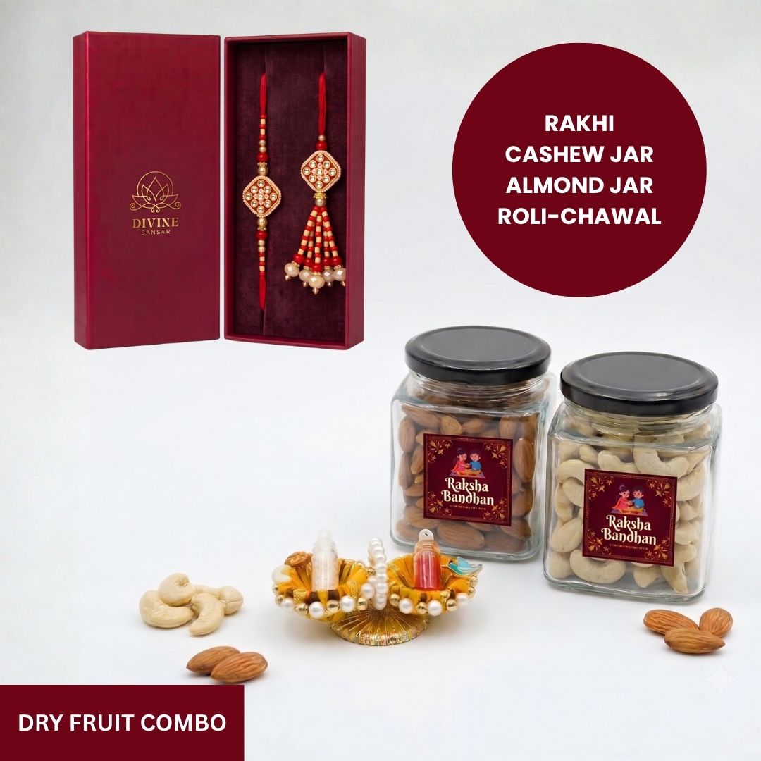 Sindoori Kundan Jodi rakhi dry fruit combo gift box - Divine Sansar UAE