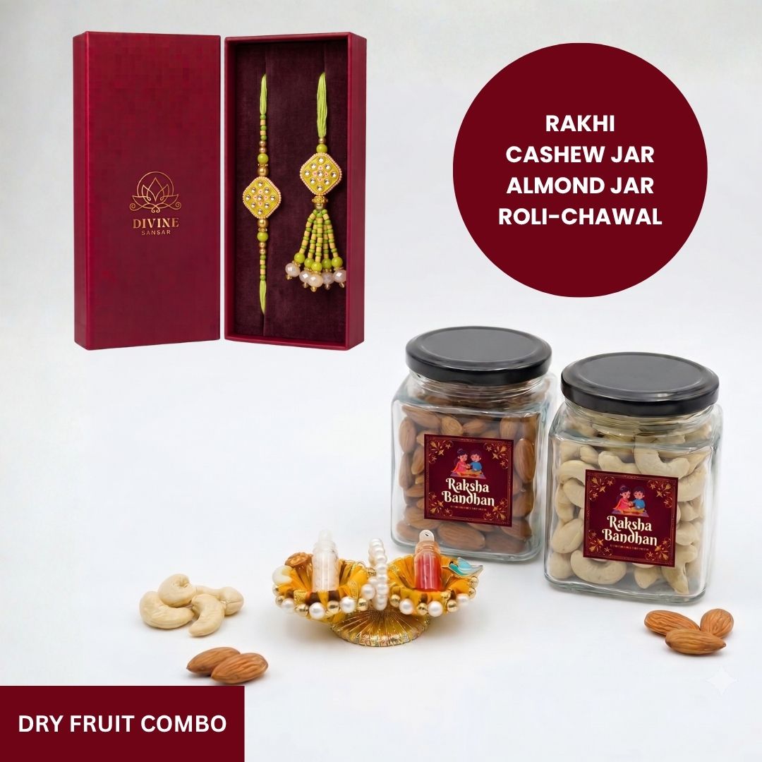 Vanasri Kundan Jodi rakhi dry fruit combo gift box - Divine Sansar UAE