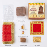 Make Your Own Ganesh Kit contents laid flat with labels - mould, natural clay, coconut fibre, mustard oil, red gamcha, red velvet aasan, kumkum chawal tray and wet tissue - Divine Sansar
