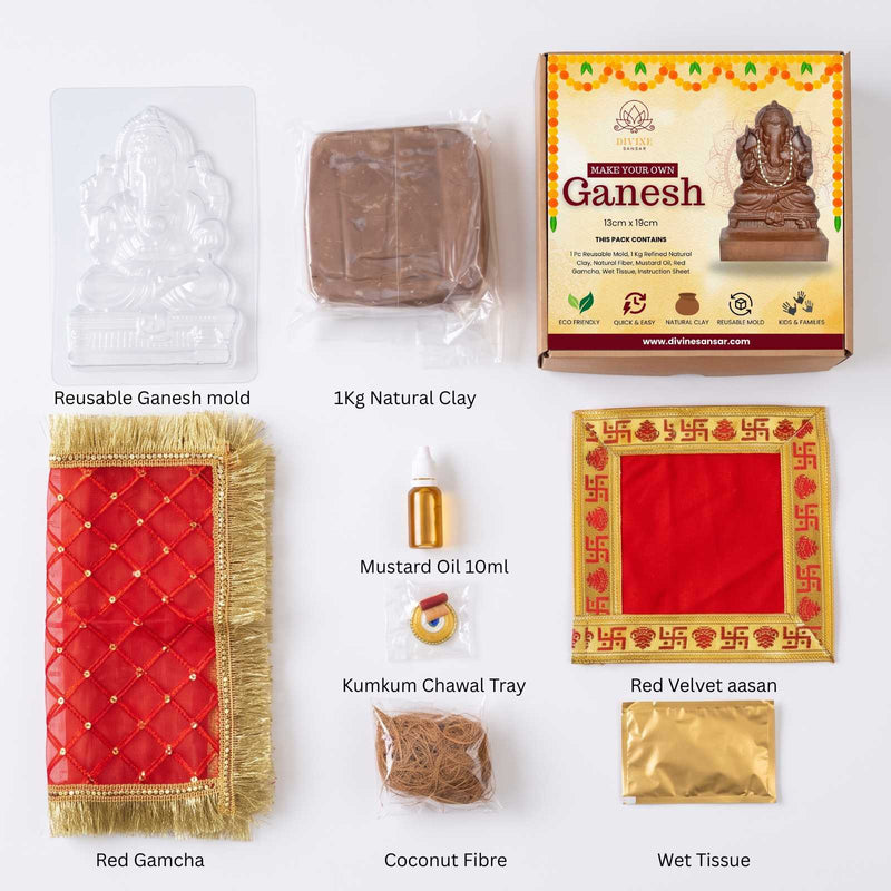 Make Your Own Ganesh Kit contents laid flat with labels - mould, natural clay, coconut fibre, mustard oil, red gamcha, red velvet aasan, kumkum chawal tray and wet tissue - Divine Sansar