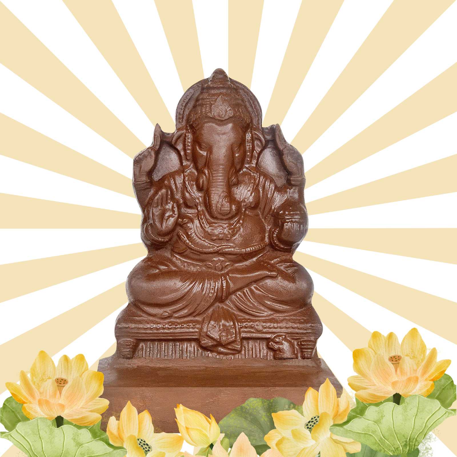 Finished clay Ganesh idol made with the Make Your Own Ganesh Kit, natural unpainted clay on a festive lotus backdrop - Divine Sansar
